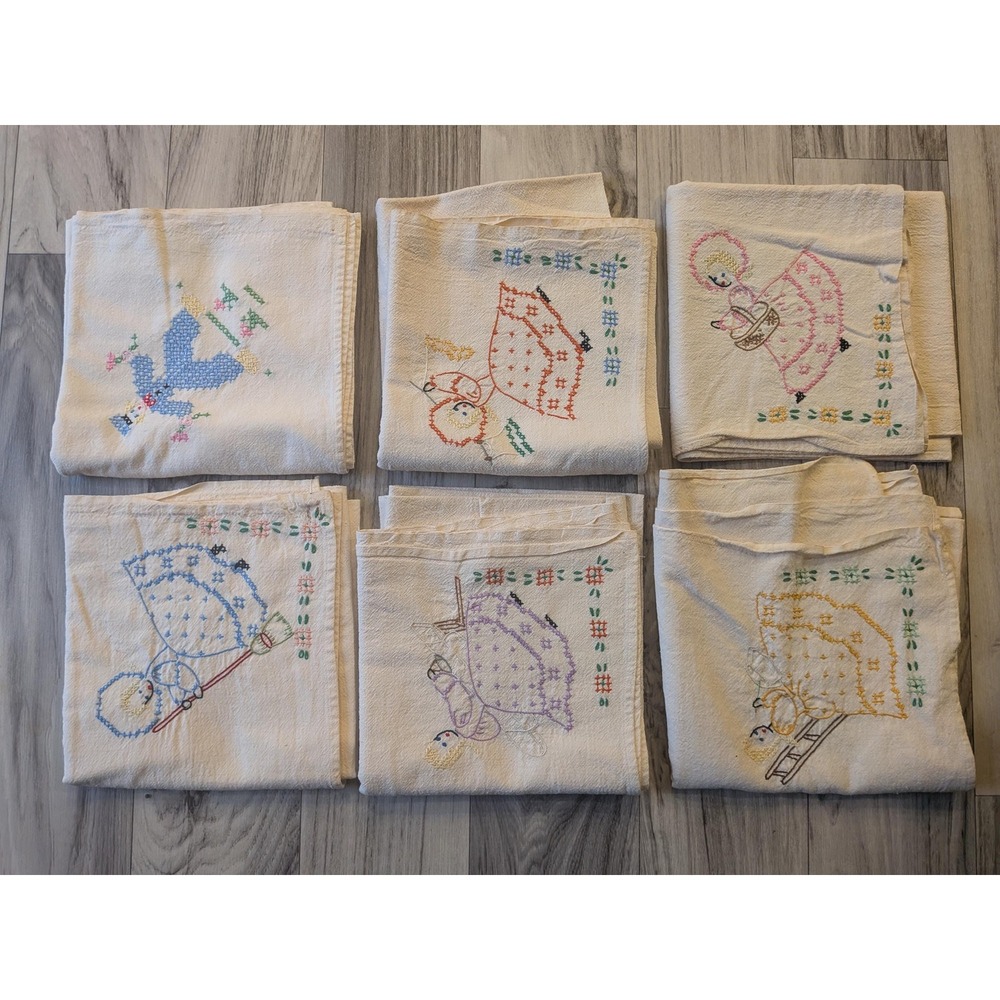 Set of 6 Vintage Hand Embroidered Flour Sack Towels, Days of the Week Linens
